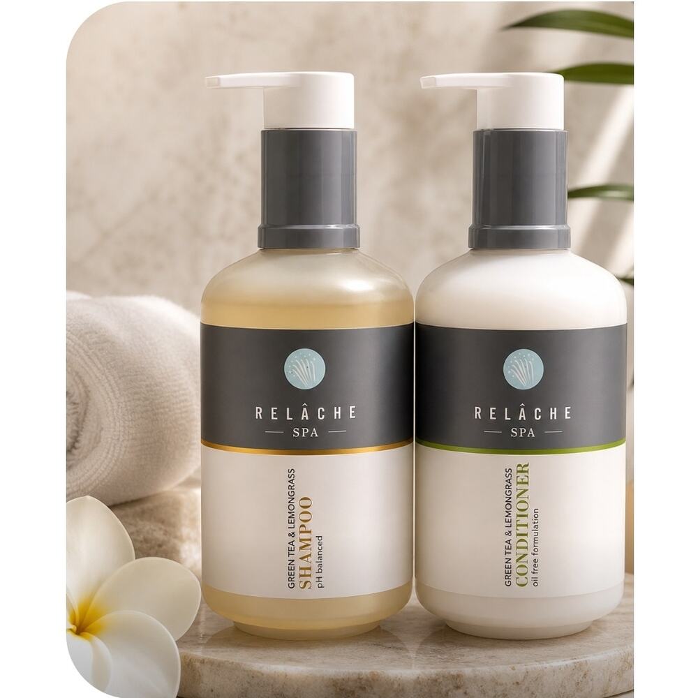 Relâche Spa Shampoo and Conditioner Unisex. Green Tea and Lemongrass